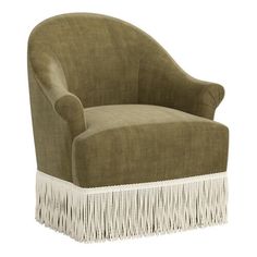 a green chair with fringe trim around the legs