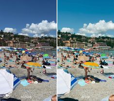 two pictures of people on the beach with umbrellas