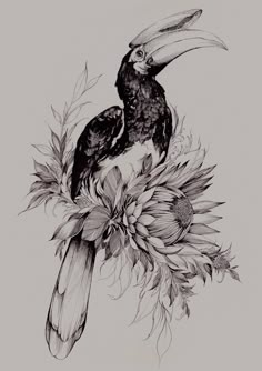 a drawing of a bird sitting on top of a flower