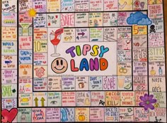 a board game with lots of words and pictures all over it, including the words tipsy land