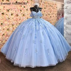 EVLAST Princess Blue Quinceanera Dress Ball Gown 3D Floral Applique Beaded Off Shoulder Sweet 16 Baby Blue Quinceanera Dresses, Sky Blue Quinceanera Dresses, Quinceanera Blue, Princess Quinceanera Dresses, Blue Quinceanera Dress