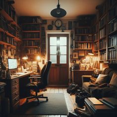 a room filled with lots of books and furniture next to a doorway that has a clock on the wall