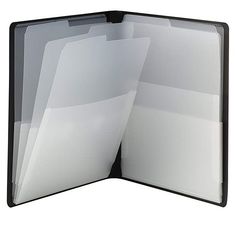 an open folder with several files in it on a white background and clippings attached to the cover