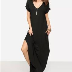 Beautiful Dress With Pockets Black V-neck Maxi Dress For Date Night, Elegant Black Longline Midi Dress, Long Black Dress For Day Out, Chic Black Maxi Dress For Spring, Black Short Sleeve Maxi Dress For Vacation, Black Short Sleeve Maxi Dress With Side Slits, Black V-neck Midi Dress With Side Slits, Black Maxi Dress With Side Slits And Short Sleeves, Black Long Dresses With Side Slits