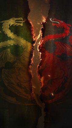 two red, yellow and green fire breathing dragon silhouettes against a black background with light streaks