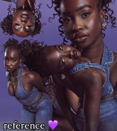 three black women with different facial expressions and hair styles, one is wearing denim overalls