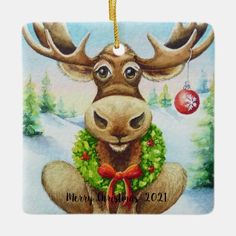 a painting of a moose with a wreath around its neck, and a christmas ornament hanging from it's antlers