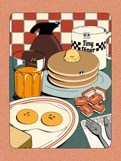 an image of pancakes and orange juice on the table