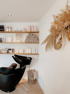 a hair salon with shelves filled with items