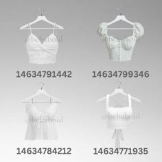 four different types of bras on hangers with numbers above them and below the bra