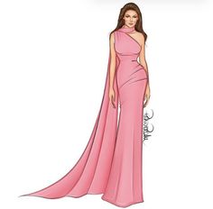 a drawing of a woman in a pink dress