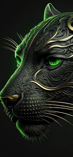 a black and green tiger's head with gold accents on its face, against a dark background