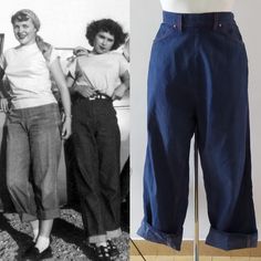 Amazing original 1940s-1950s western indigo denim ladies jeans with orange stitching. Ranch Craft brand. Side metal zipper. Very dark and raw denim. Two front and two back pockets. Never worn condition (freshly washed). Waist 25" - 26" snug Hips 38"- 40" Rise 14 1/2" Inseam 28 1/2" Length 42" Vintage Fashion 1940s, 1950s Jeans, 1950s Western, 1940s Women, 1950s Women, Teen Jeans, Fashion 1940s, Ladies Jeans, Denim Dungarees