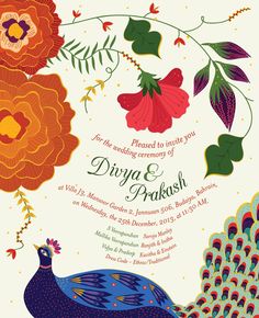 a wedding card with an image of a peacock and flowers on the front, in bright colors