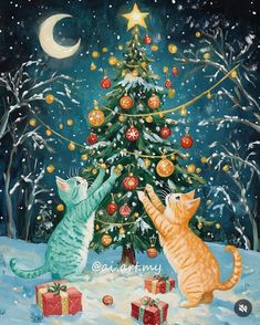 two cats are standing in front of a christmas tree with presents under it and one cat is reaching for the star