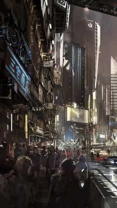 a futuristic cityscape with lots of tall buildings and people walking on the sidewalk