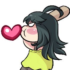 a cartoon girl blowing a heart shaped balloon with her nose to the side, while she's wearing a yellow shirt and gray pants