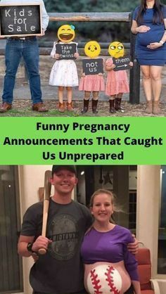 two pictures with the words funny pregnant announcements that caught us unprepped and an image of people holding baseball bats