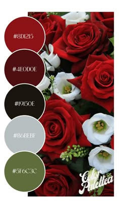 red roses and white flowers with green leaves in the center are featured on this color scheme