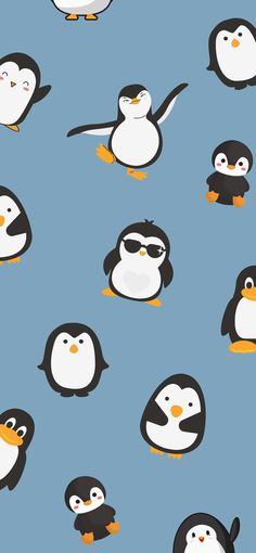 many penguins are standing together on a blue background