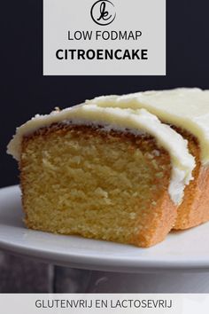 a close up of a piece of cake on a plate with the text low fodmap lemon cake