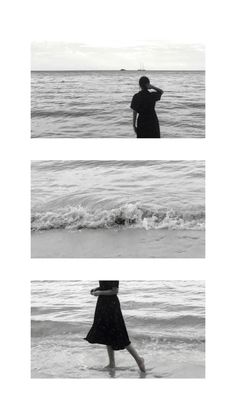 three different shots of people standing in the water at the beach, one with a hat on his head