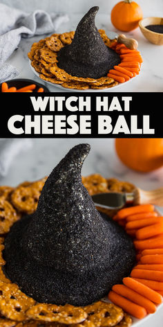 a witch hat made out of crackers on a plate with pretzels and carrots