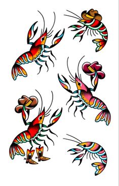 four colorful lobsters with different designs on the body and legs, all in different colors