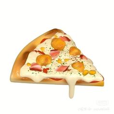 a slice of pizza with toppings on it sitting on top of a white surface