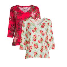 Material: 90% Polyester/10% Spandex Care: Machine Washable Country Of Origin: Imported 2-Pack Includes: Two T-Shirts Fit: Relaxed Neckline: V-Neck Closure: Pullover Style Sleeves: Long Sleeves Features: Allover Print; Stretch Fabric Super Soft Feminine Tops, Women Floral Blouse, Feminine Top, Lace Layers, The Pioneer Woman, Make Love, Burgundy Floral, Pioneer Woman, Boho Tops