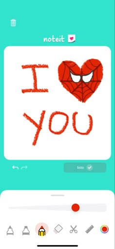 an app with the words i love you written on it and a spider face drawn in red