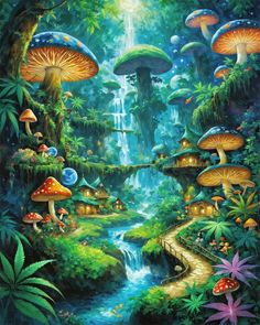 a painting of mushrooms in the forest with waterfall and stream running through it's center