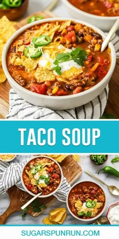 taco soup in a white bowl with tortilla chips on the side