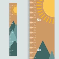 a tall growth ruler with mountains and sun on the side, next to an orange background