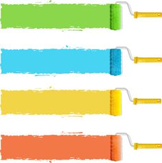 four paint rollers with different colors on them