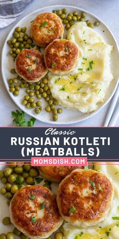 two plates with different types of food and the words russian koleti meatballs