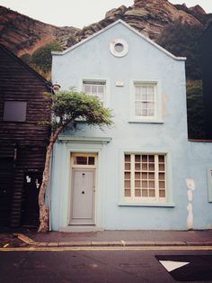 a blue house with a tree in front of it