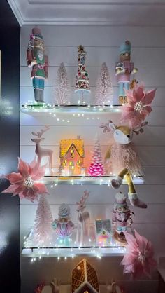 a shelf filled with lots of christmas decorations