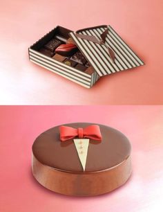 two different boxes with chocolates in them and one has a bow tie on it