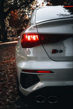 the tail lights of a white car parked in front of some trees and fallen leaves