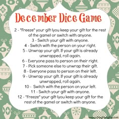 a christmas gift guide with the words, december dice game and instructions for each item