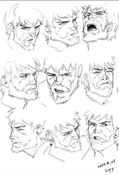 some sketches of the face and head of an old man with different facial expressions, from left to right