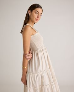 Looking for an effortlessly stylish and comfortable dress that's also sustainable? Our 100% European Linen Smocked Midi Dress has got you covered. Crafted from high-quality linen sourced from Europe, this dress is not only luxurious but also eco-friendly. The smocked design at the bust and waist flatters your figure while offering a relaxed fit that's perfect for all-day wear. And with its midi length, it exudes an air of casual elegance that's perfect for any occasion.  | Quince | Women's 100% Natural Textiles, Linen Short, Button Front Dress, European Linens, Comfortable Dress, Linen Women, Linen Clothes, Casual Elegance, Dress 100