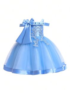 Young Girl Solid Color Tulle Spliced Satin Bowknot Decorated Sleeveless Fluffy Dress, Suitable For Birthday Party And Other Formal Occasions Baby Blue Party  Sleeveless Woven Fabric Colorblock,Plain,Plants A Line,Fit and Flare Non-Stretch All Young Girls Clothing, size features are:Bust: ,Length: ,Sleeve Length: Summer Flower Girl Dresses, Mermaid Sequin Dress, Princess Flower Girl Dresses, Party Kleidung, Wedding Dresses For Girls, Girl Princess Dress, Girls Summer Outfits, Gowns With Sleeves