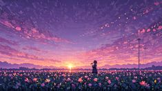 a person standing in the middle of a field with flowers on it at sunset or dawn