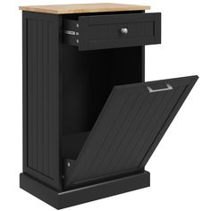 an open black cabinet with a wooden top