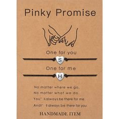 two bracelets with the words pinky promise and one for you on each string