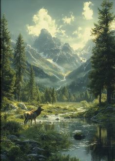 a painting of a deer standing in the middle of a forest next to a river