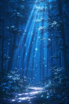 the light shines through the trees in this blue forest with stars shining down on it