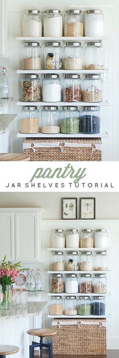 there are two shelves in the kitchen with jars on them